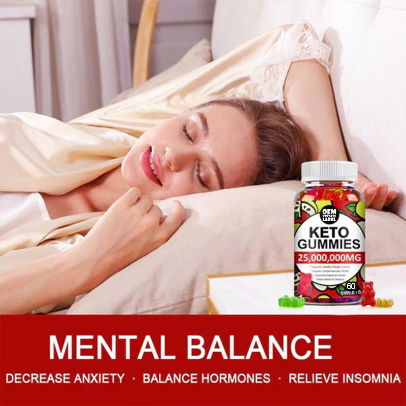 Woman peacefully sleeping in bed with gummy bottle on bedside table