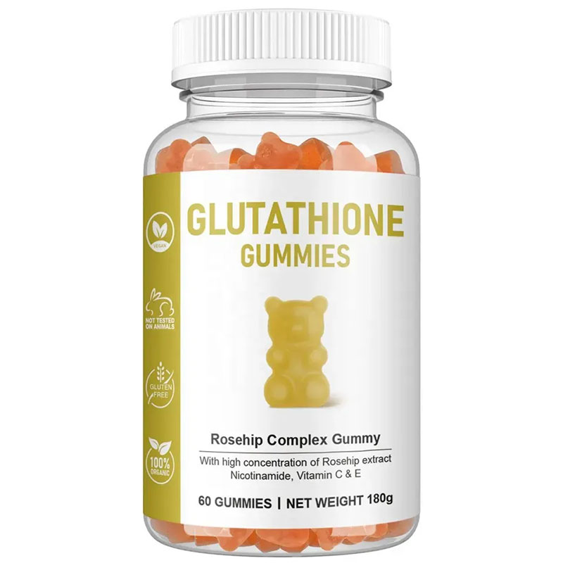 Glass jar of translucent peach and coral bear‑shaped gummies with white cap, labeled Glutathione Gummies, 60 count