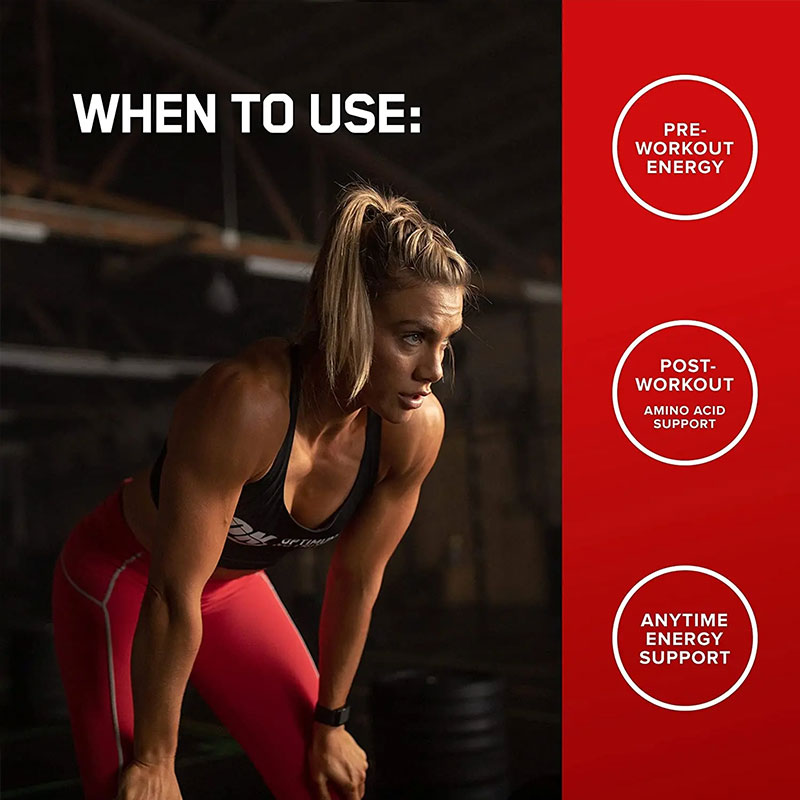 Female athlete in gym during workout, with timing indicators: Pre-Workout, Post-Workout, Anytime Energy