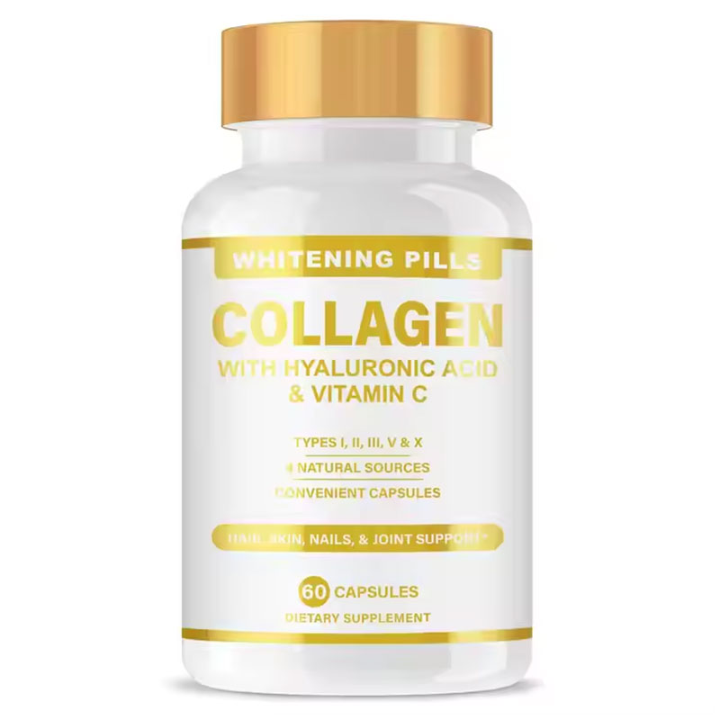 Front-facing collagen capsule bottle with gold cap and white body, showcasing product name and key claims prominently