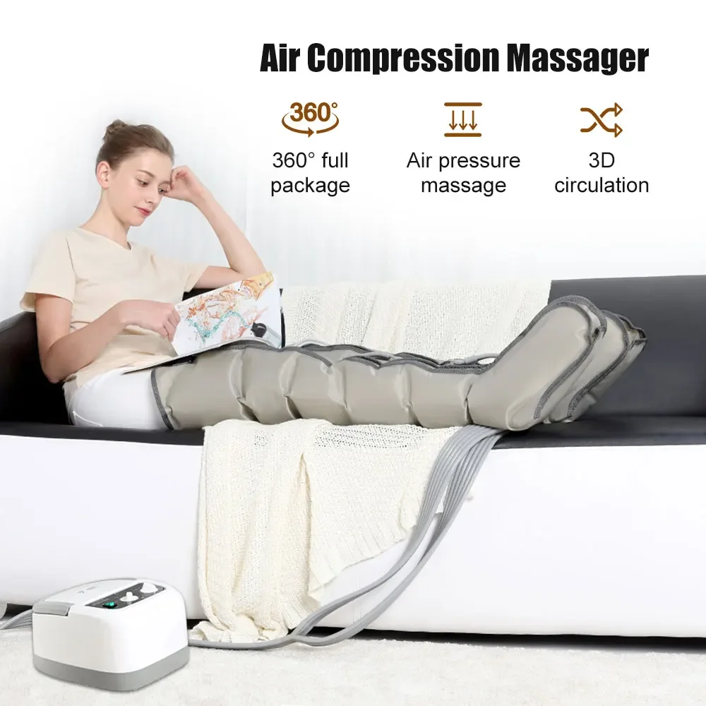 Woman reading on a sofa with a leg sleeve inflated beside her