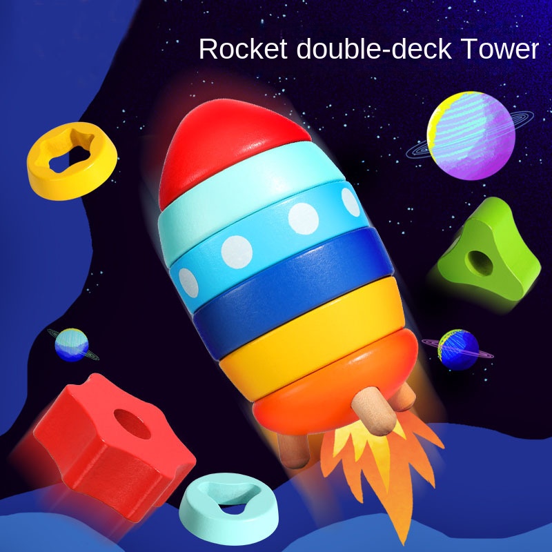 Stacked Rocket Wooden Children's Shape Matching Cognitive Geometry Toy ...