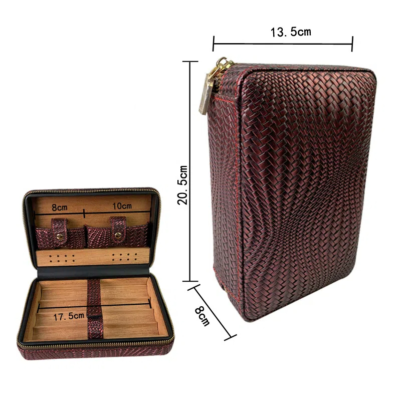 Woven leather cigar case open with cigars and tools in place