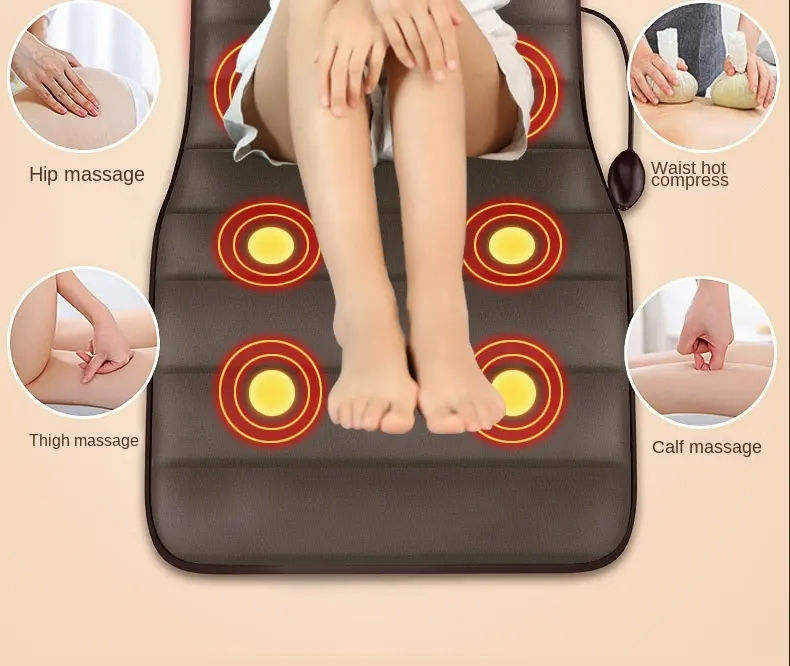 Seated figure on massage mat with hip, thigh and calf massage zones