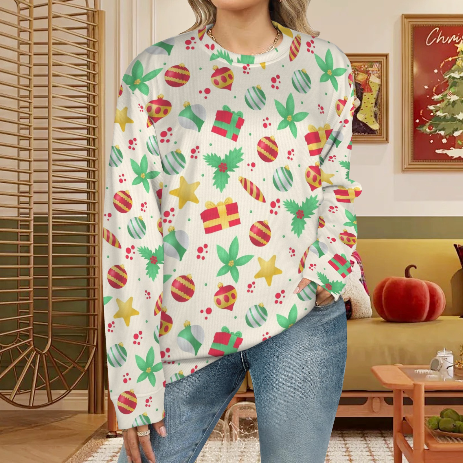 Unisex Christmas sweater with all-over print on white, acrylic fiber, perfect for festive daily wear.