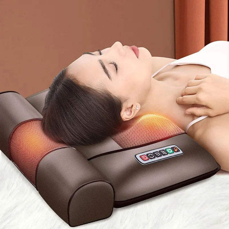 Woman reclining with eyes closed on a brown neck and shoulder massage pillow