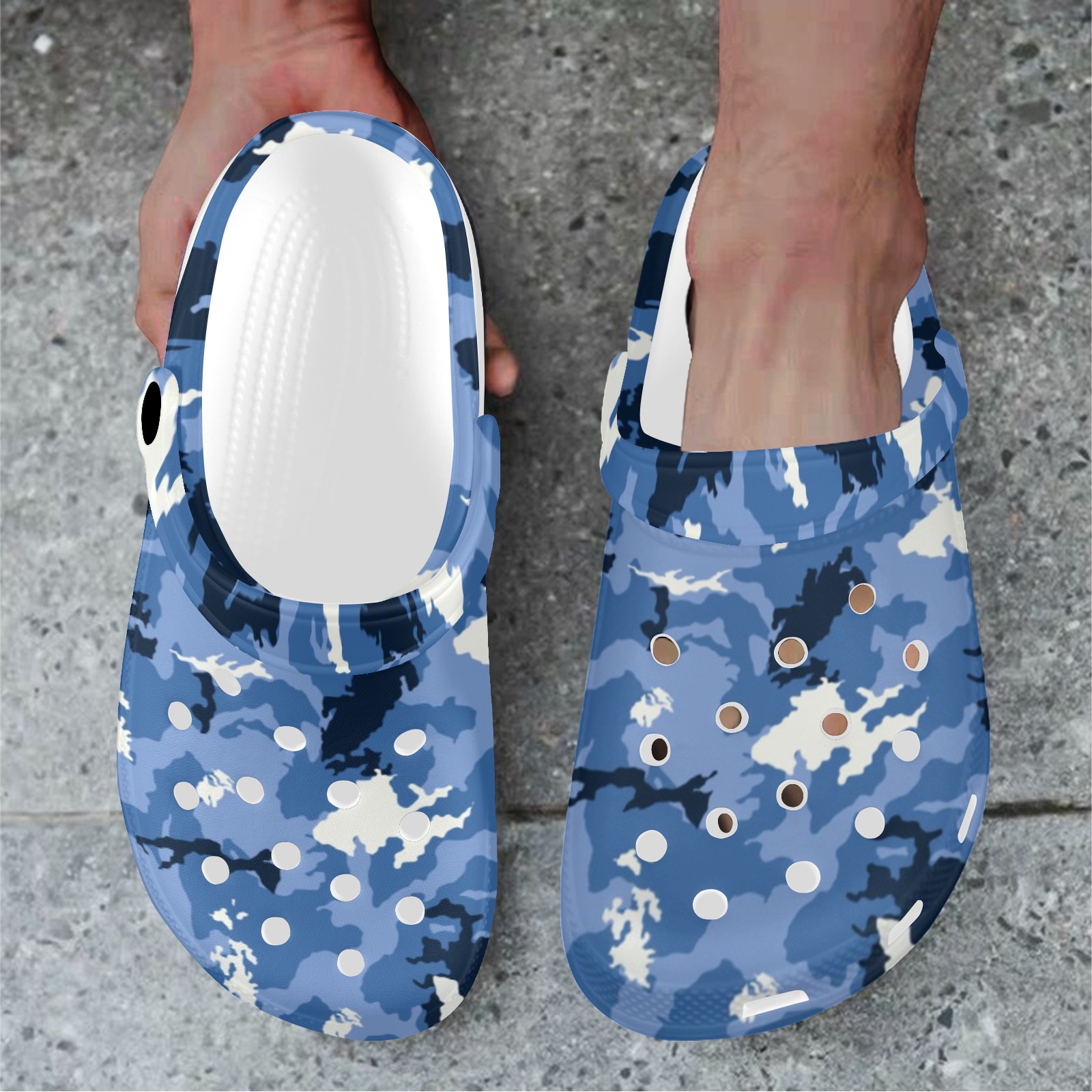 Blue camouflage print adults clogs with white soles, perfect for indoor and outdoor wear.