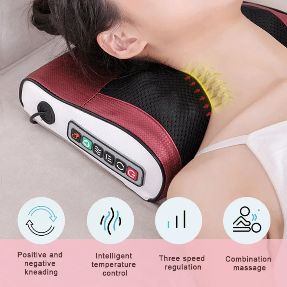 Red massage pillow on the neck with heat and speed icons