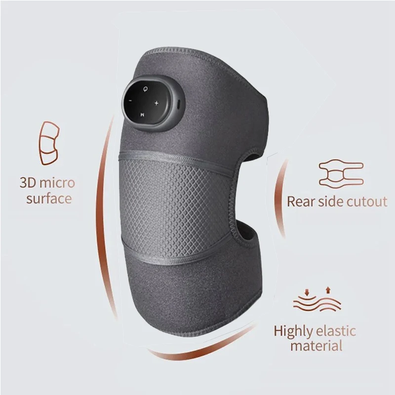 Diagram illustrating knee pad with rear cutout, 3D micro surface, and elastic straps, symbolizing the ergonomic design