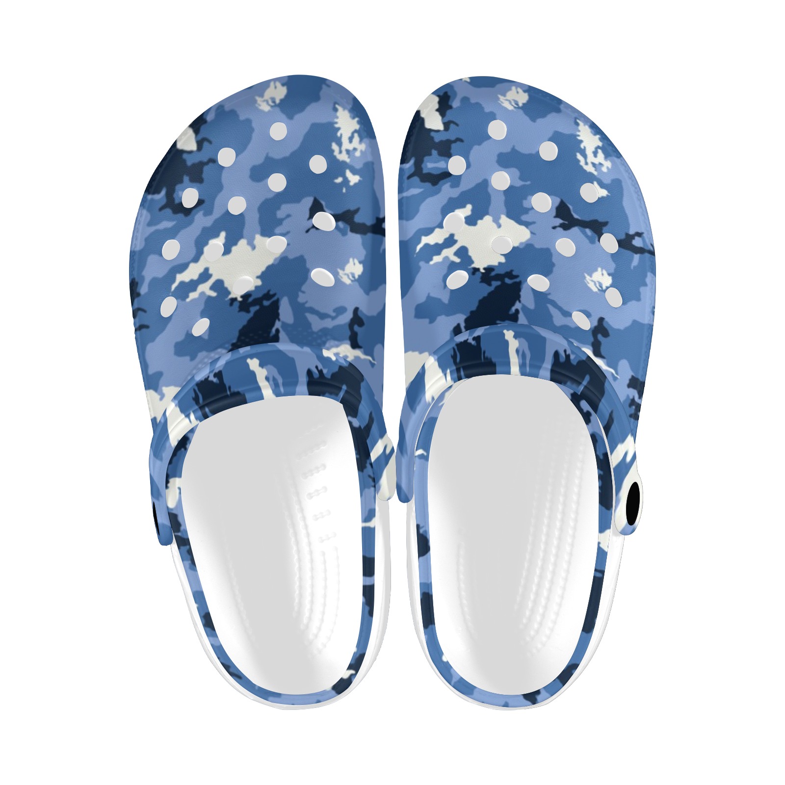 Blue camouflage print adults clogs with white soles, custom design from Inkedjoy.