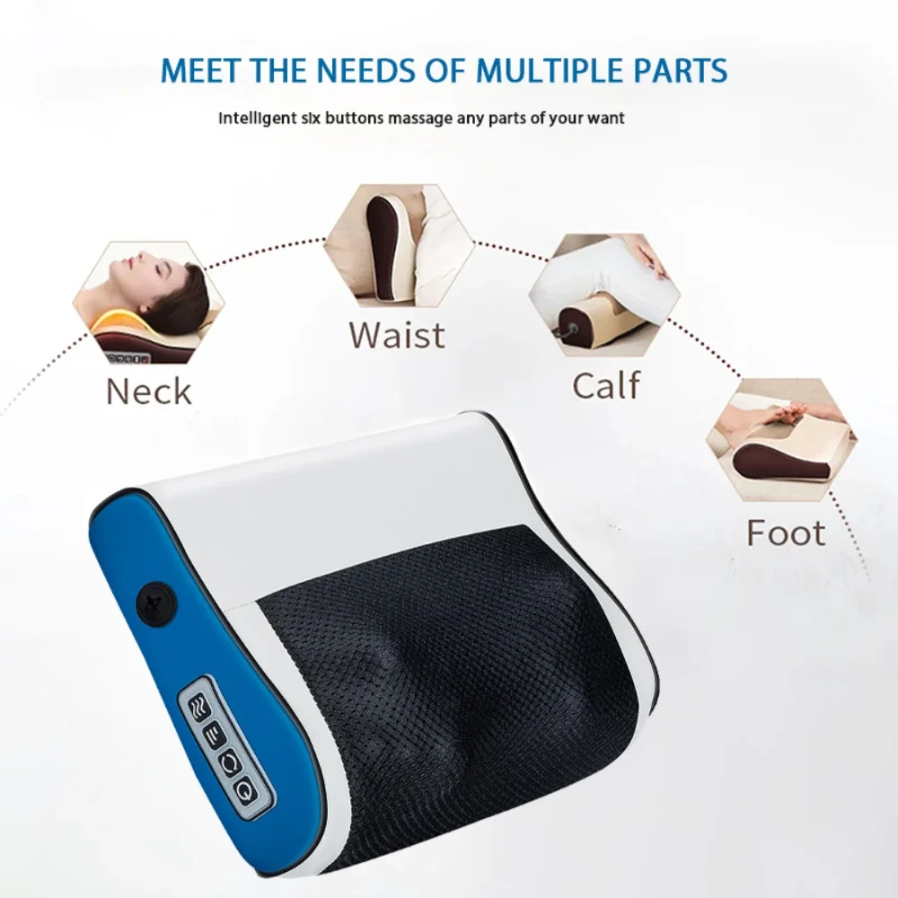 Blue massage pillow with neck, waist, calf and foot use icons