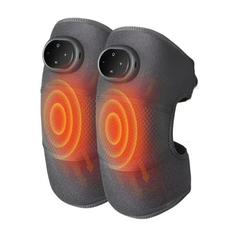 Pair of electric heating knee pads shown from front with vibrant orange heat distribution visualization across the joint area
