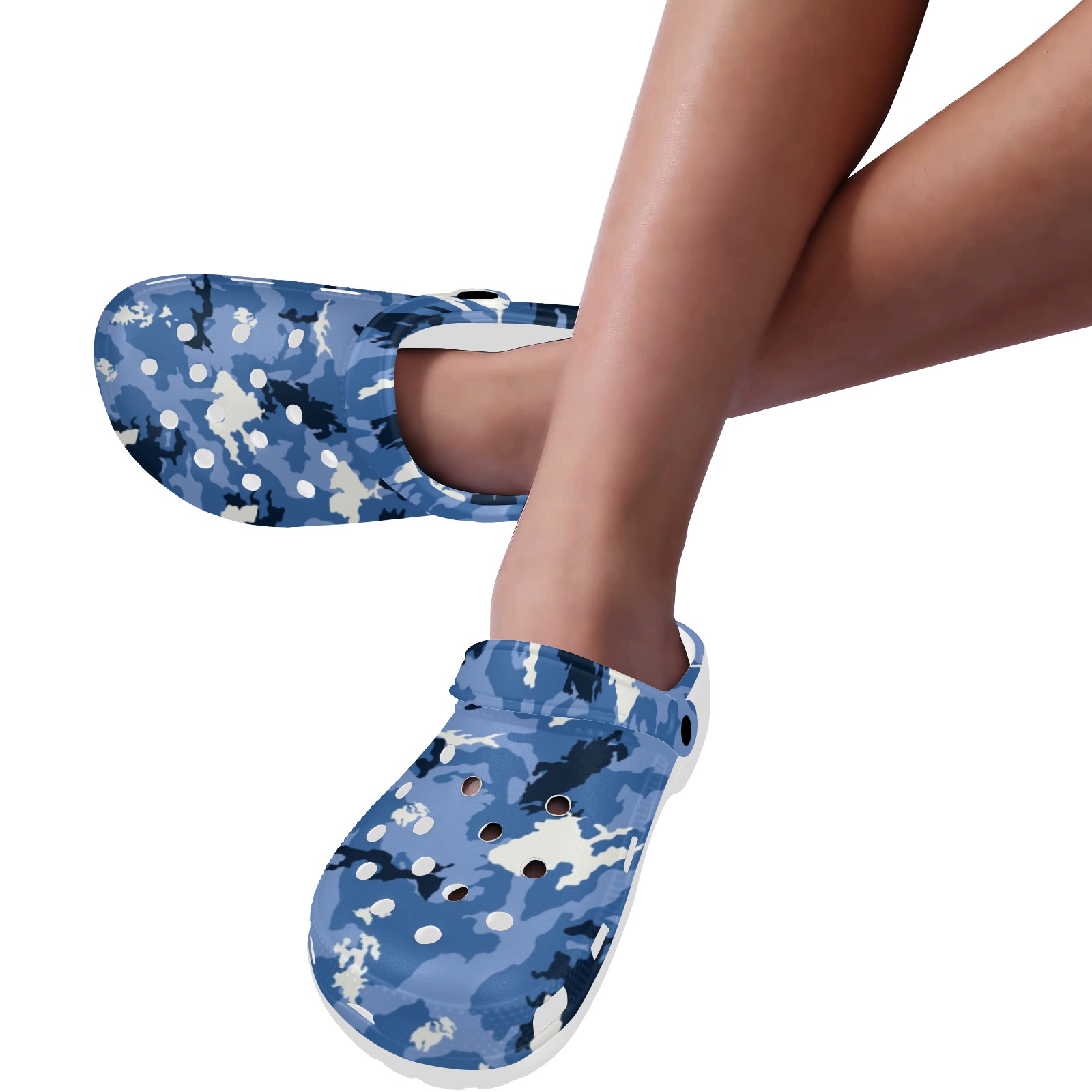 Blue camouflage print adult clogs, white soles, comfortable for indoor or outdoor use.