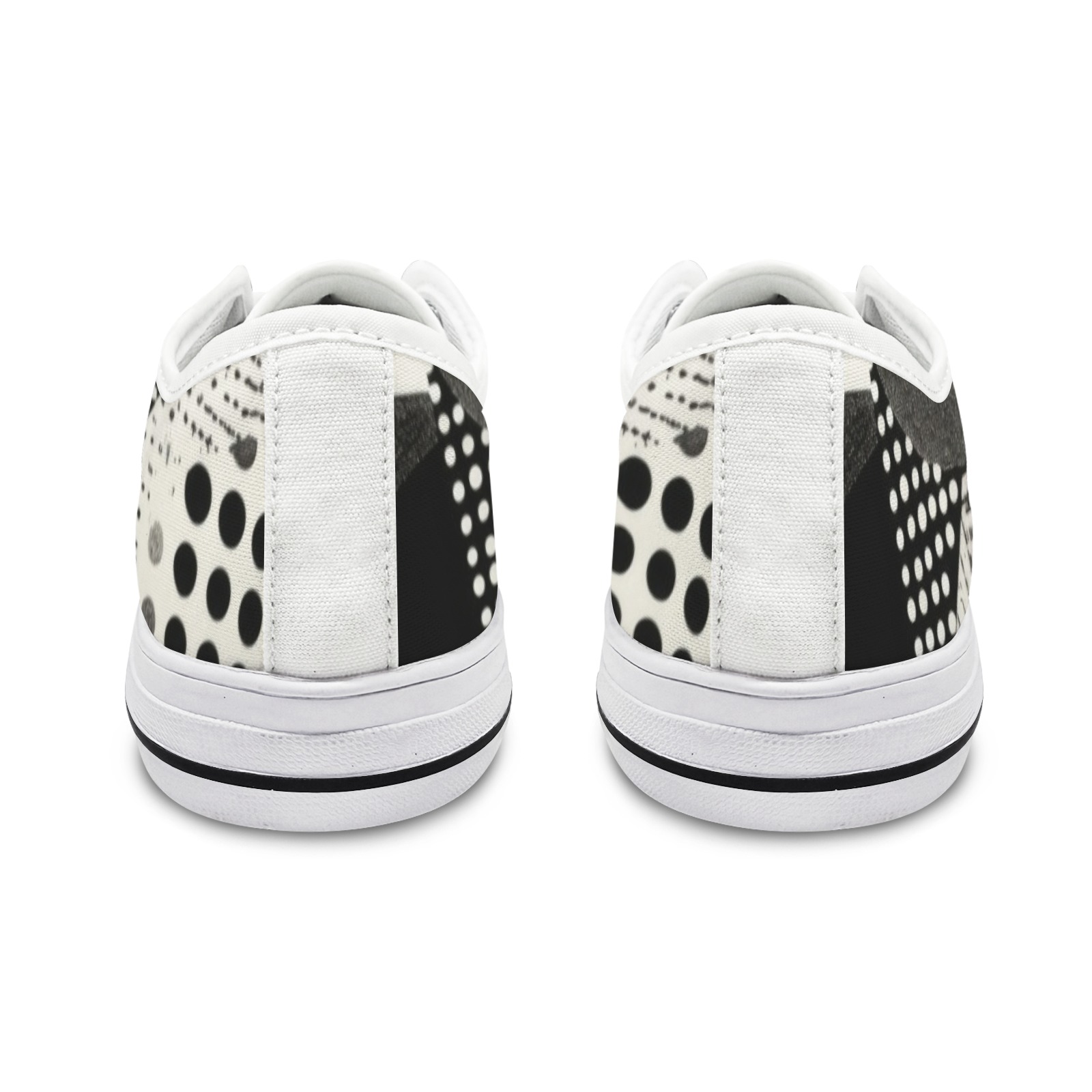 Seattle Low Top Men's Shoes, back view of black and white canvas sneakers, rubber sole detail.