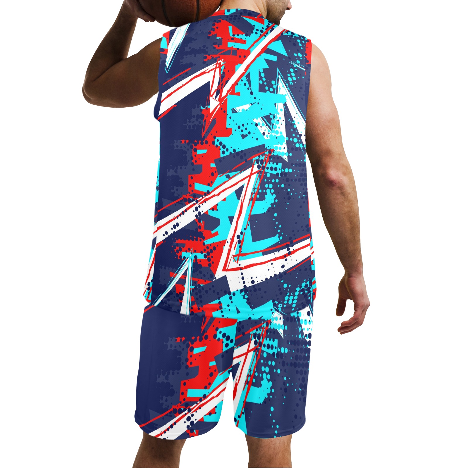 Men's navy blue abstract basketball uniform, 100% polyester V-neck jersey and shorts, sports suit