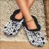 Custom Print Fleece Lined Adults Clogs, black and white spotted clogs, soft fleece lined, comfortable for home wear.