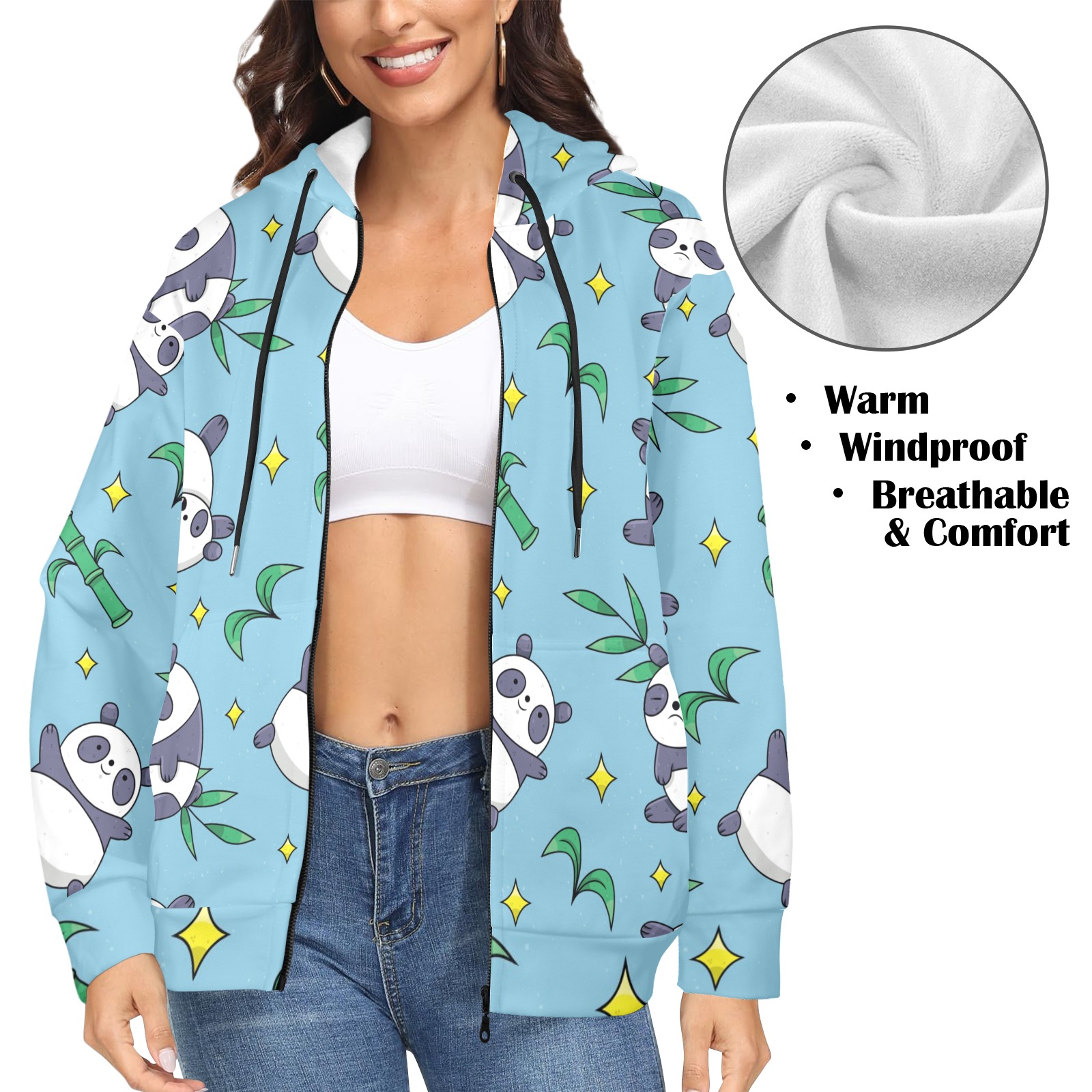 Women's Fleece Full-Zip Hoodie featuring a panda pattern in light blue, showcasing its warmth, windproof design, and comfort.