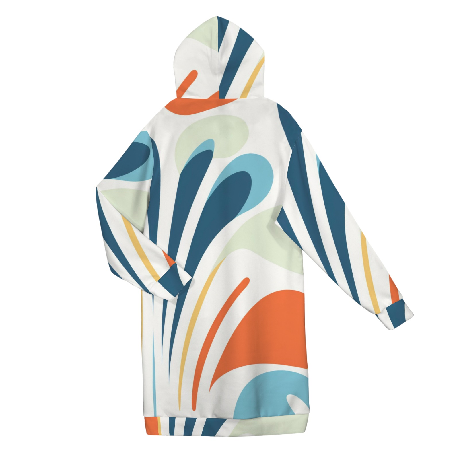 Women's abstract print long hooded coat, full zip & pockets, with drawstring hood, for spring/autumn wear.