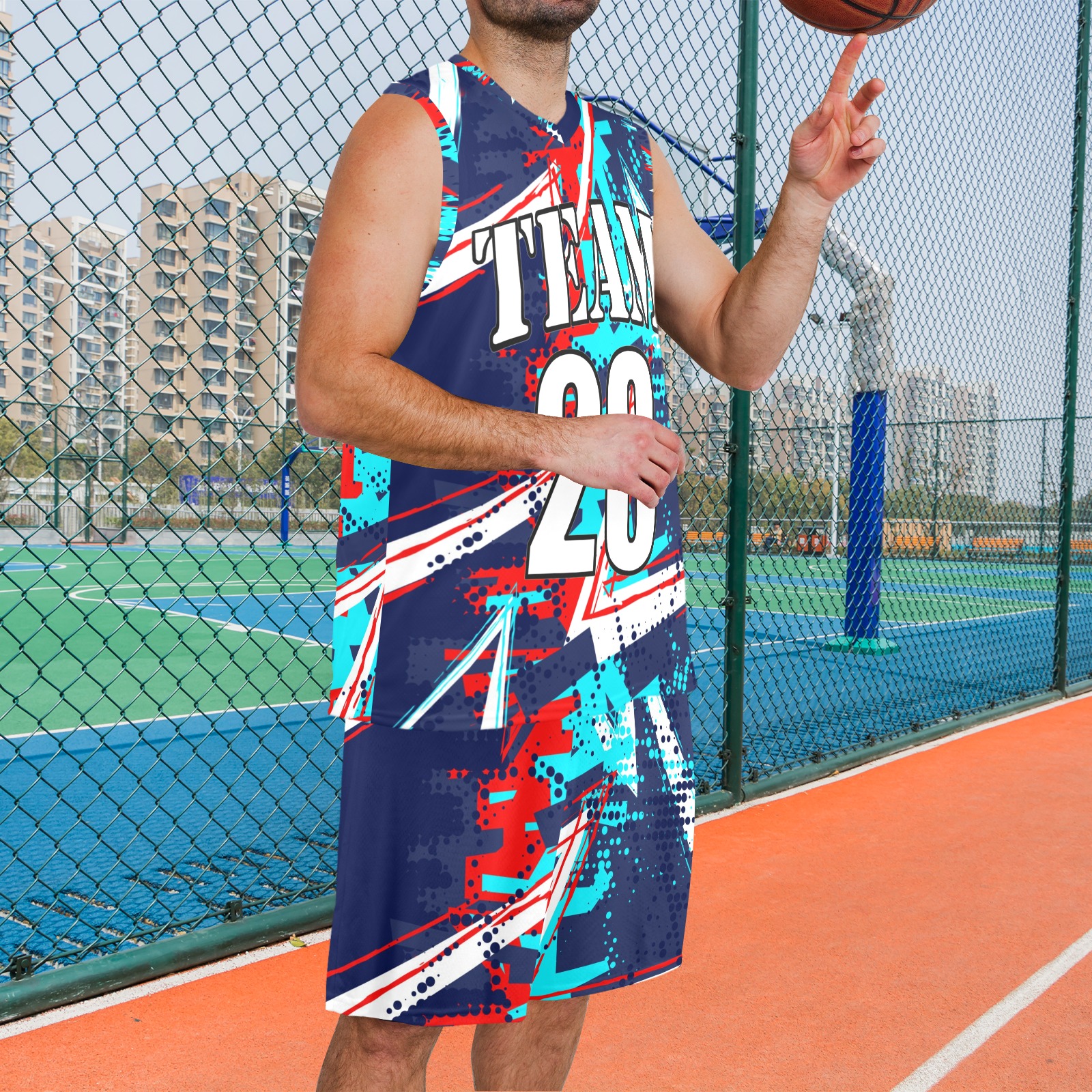 Men's navy blue V-neck basketball uniform with number 23 and abstract design
