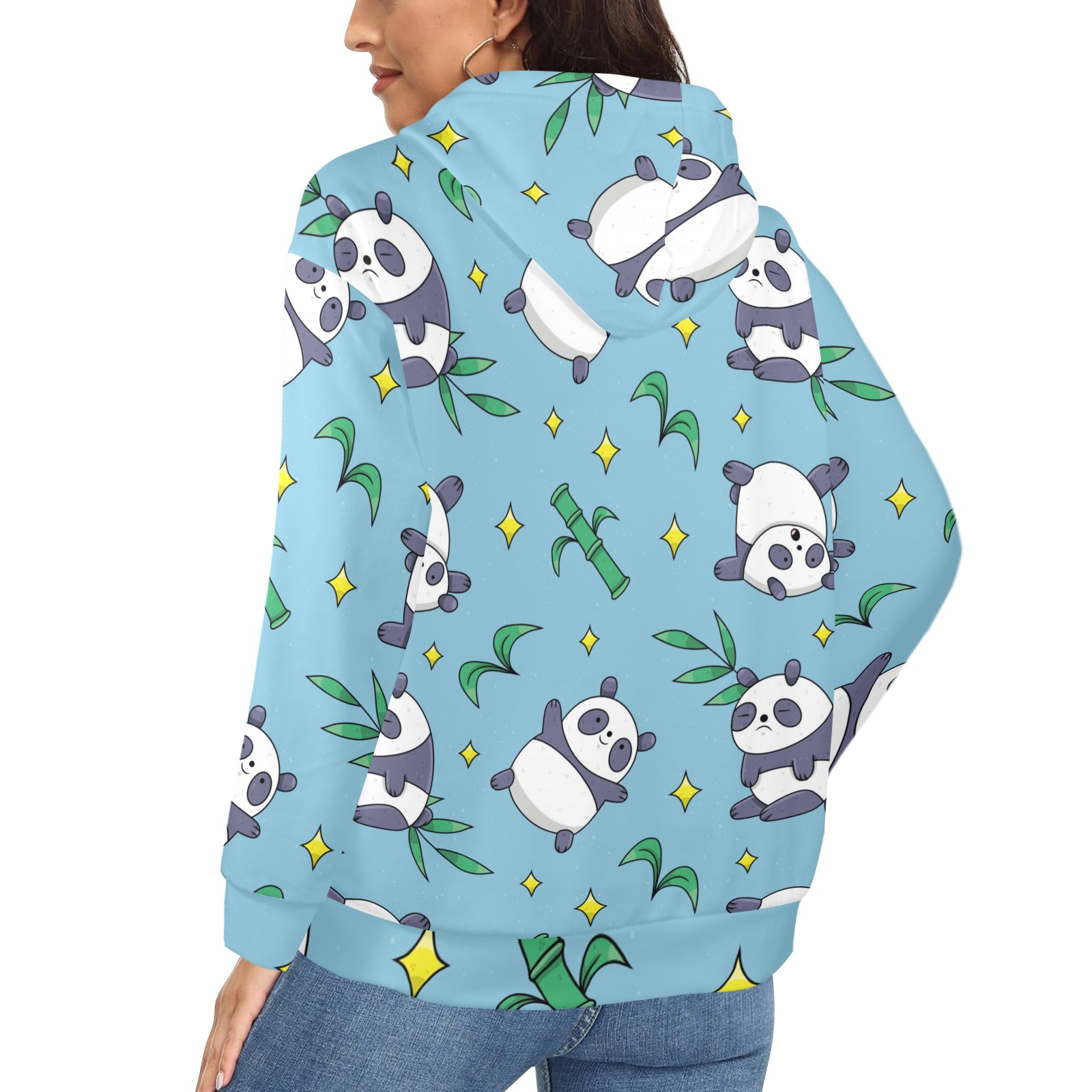 Women's Fleece Full-Zip Hoodie with Panda pattern, turquoise, back view, featuring a drawstring hood and kangaroo pocket.