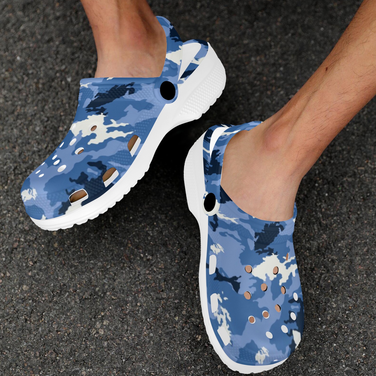 Blue camouflage print adults clogs with white soles, perfect for indoor and outdoor wear, from Inkedjoy.
