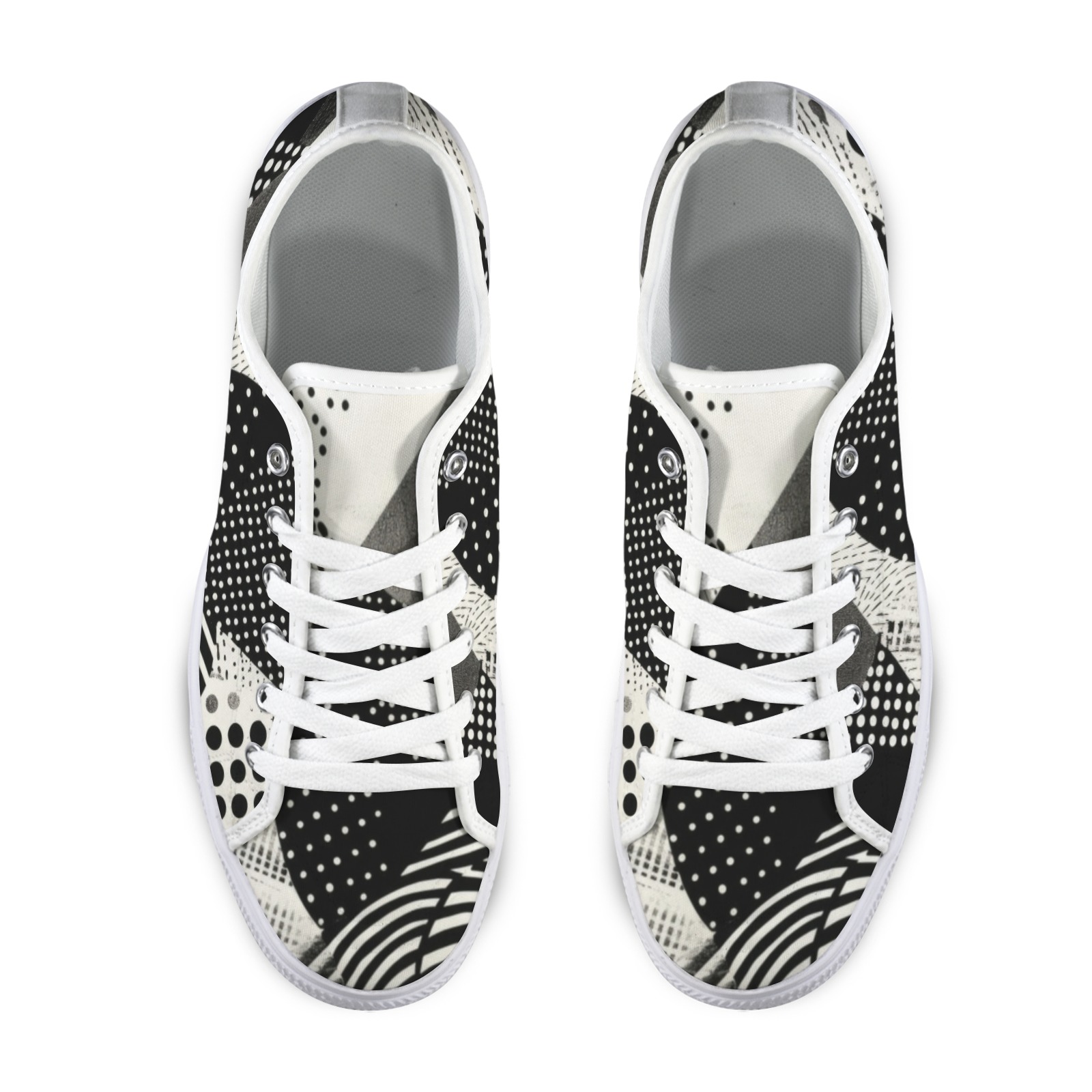 Seattle Low Top Men's Shoes in black and white patterned canvas, top view, lace-up closure