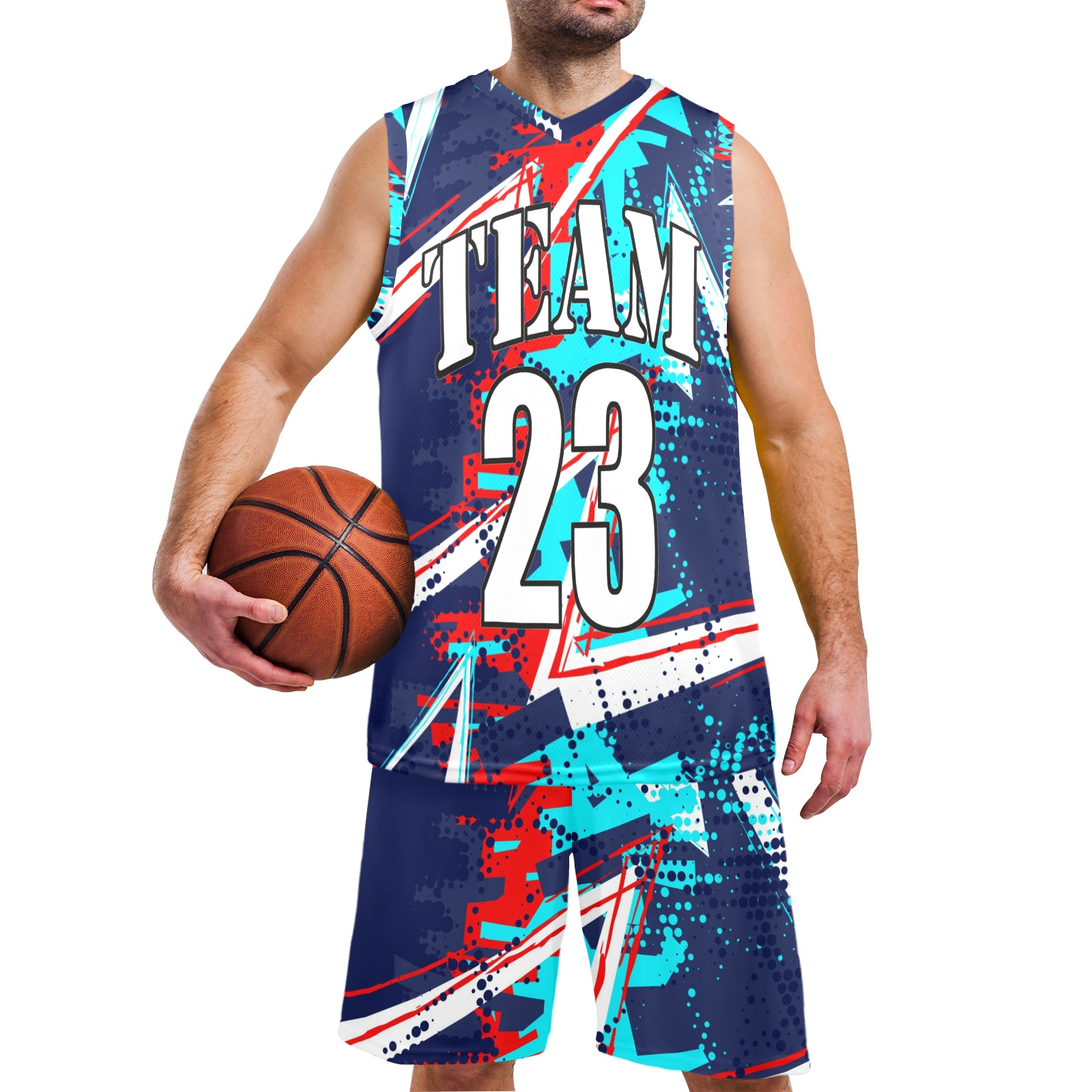 Men's V-Neck Basketball Uniform, navy blue with abstract design, featuring "TEAM 23"