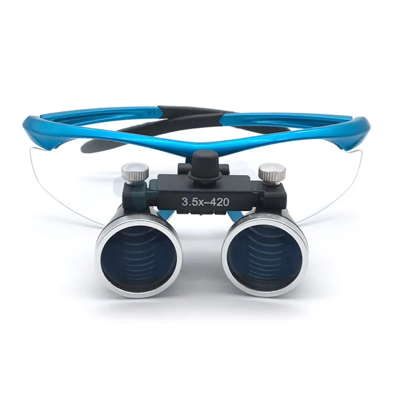 Front view of twin magnifying lenses on a blue frame with center knob