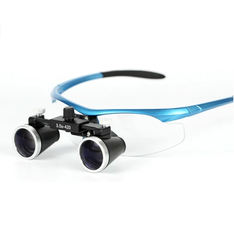 Side profile of blue surgical loupe frame showing temple shape and knobs