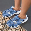 Custom print adults clogs with a blue camouflage pattern, white soles, suitable for indoor or outdoor wear.