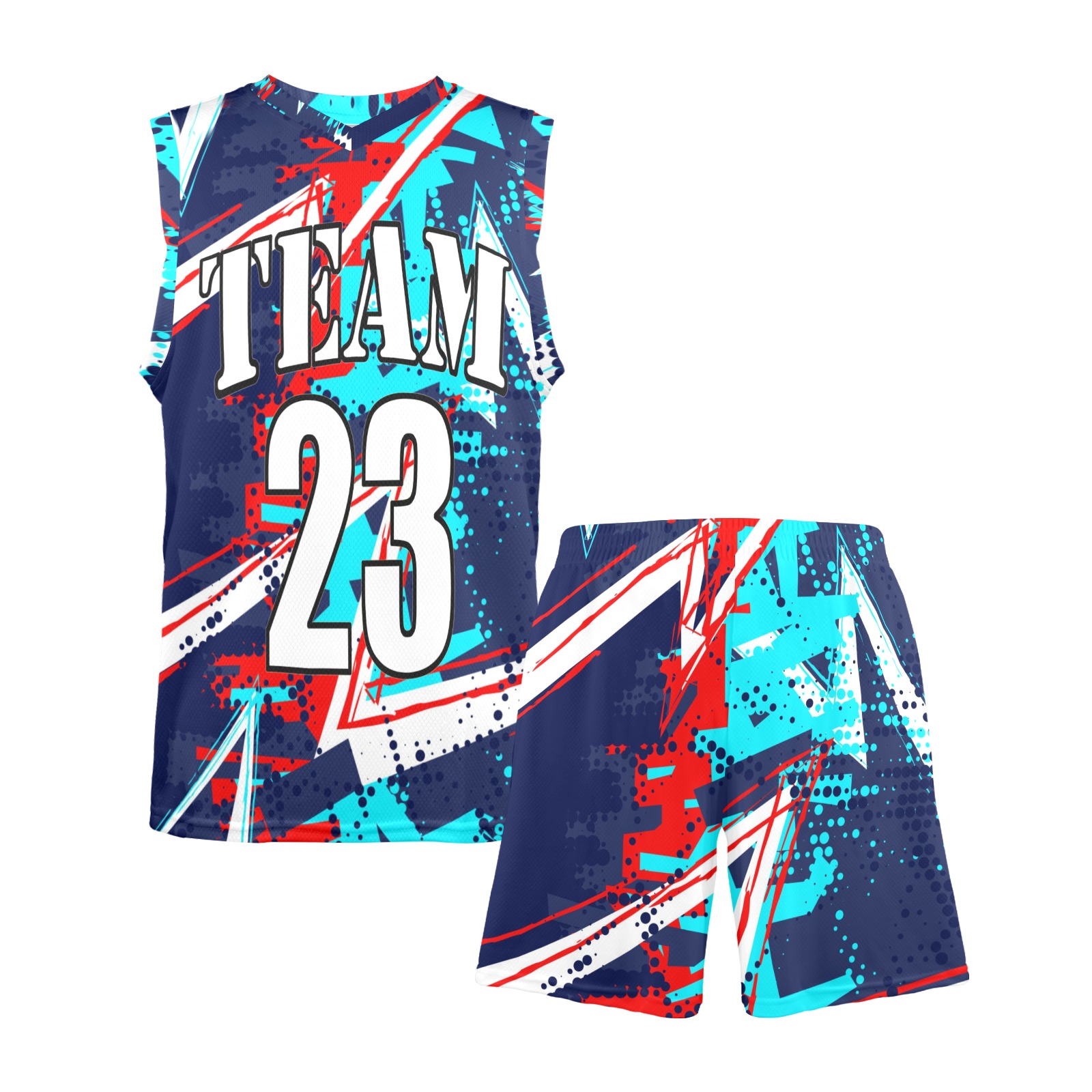Men's navy blue V-neck basketball uniform, featuring "TEAM 23" and the number 23, 100% polyester sports suit