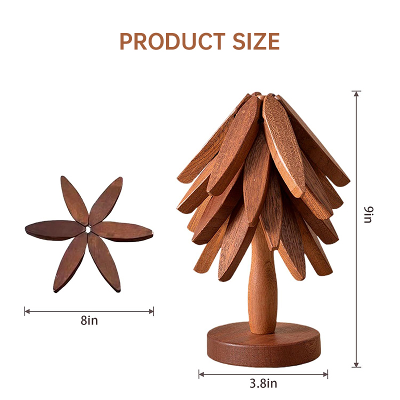 A set of tree - shaped wooden items including 4 trivets for hot dishes, pots, and pans, along with 1