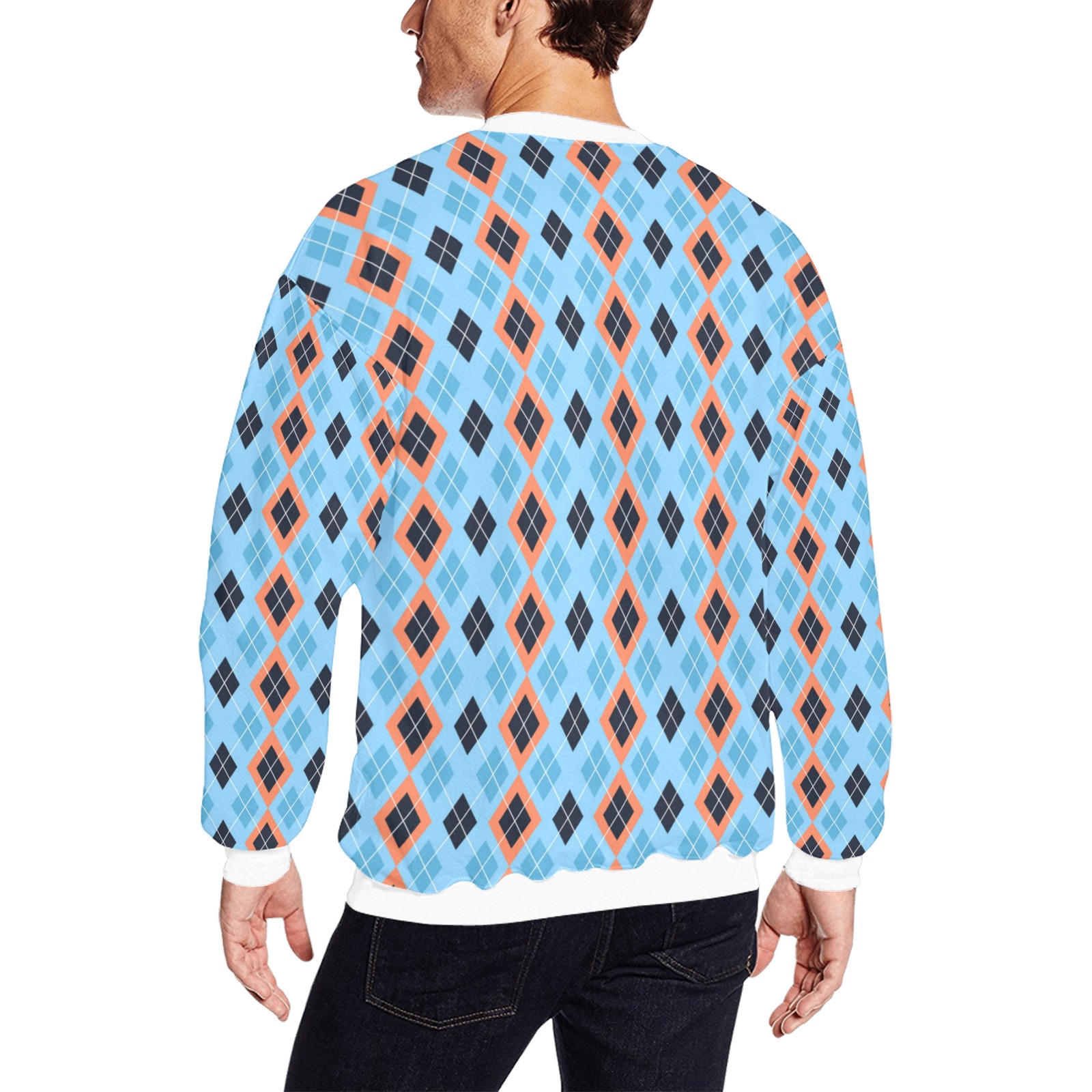 Men's crew neck sweatshirt with diamond pattern, made of 100% polyester, suitable for spring, autumn, and winter wear.