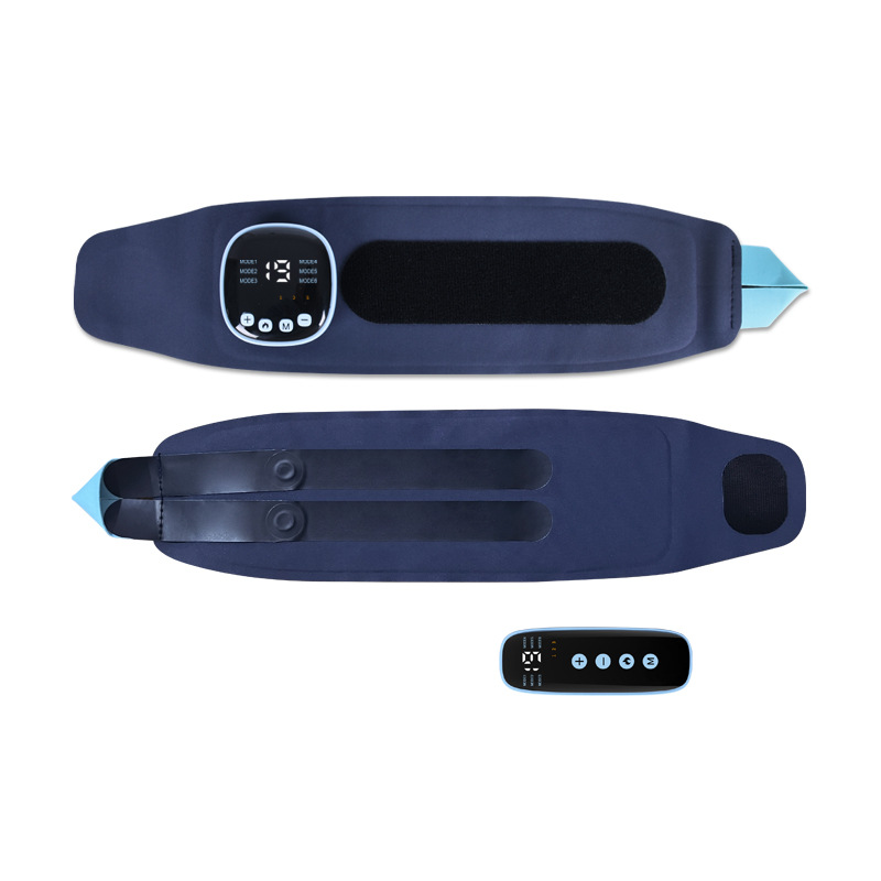 Navy heated wrist wrap with LED host showing heat and massage settings