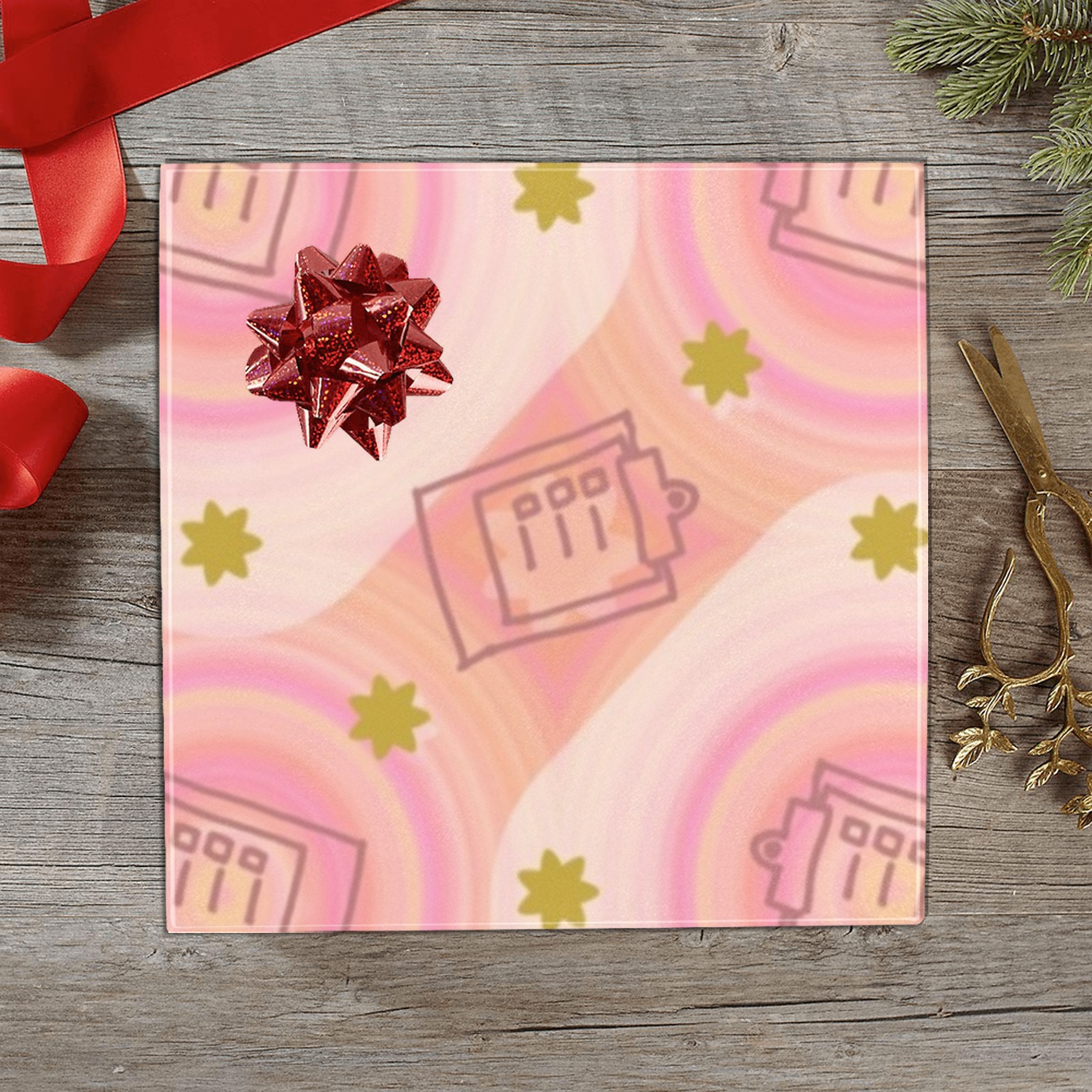 Pink gift wrapping paper on gift box with abstract pattern and bow