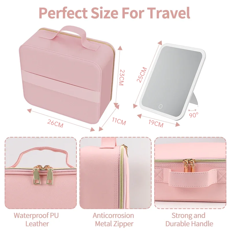 Pink makeup case resting on a travel bag with handle visible