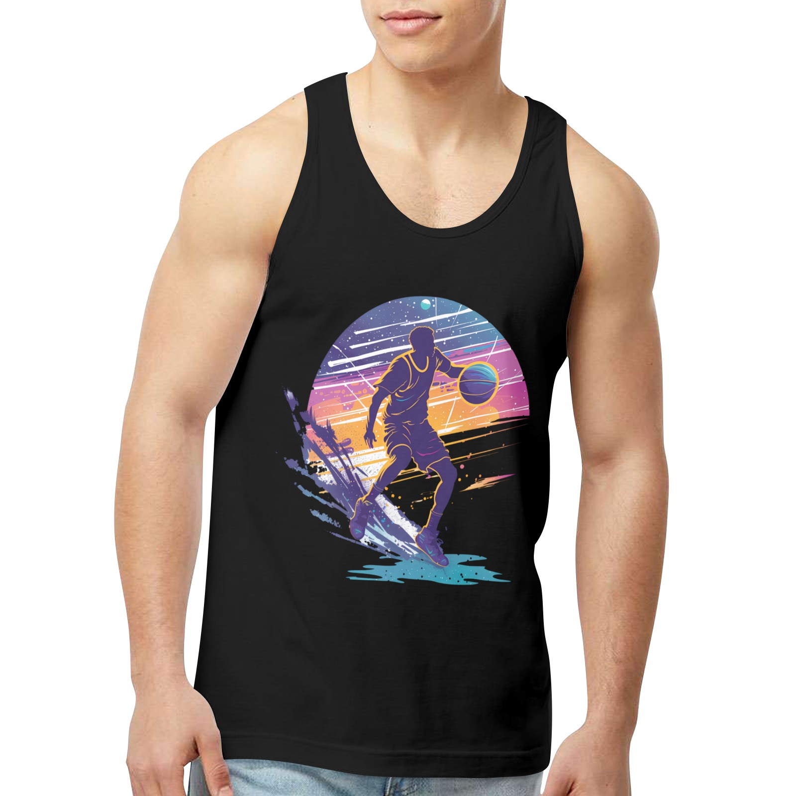 Men's black tank top with basketball player print, made in USA. Cotton blend.