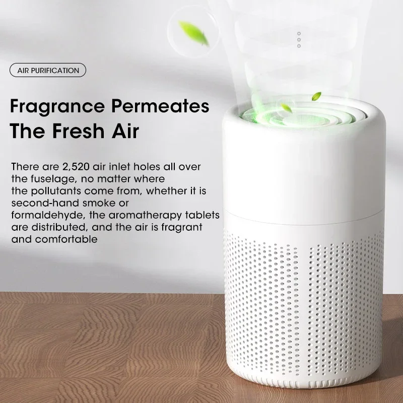 Purifier top ring releasing a fresh-air swirl into a bright room