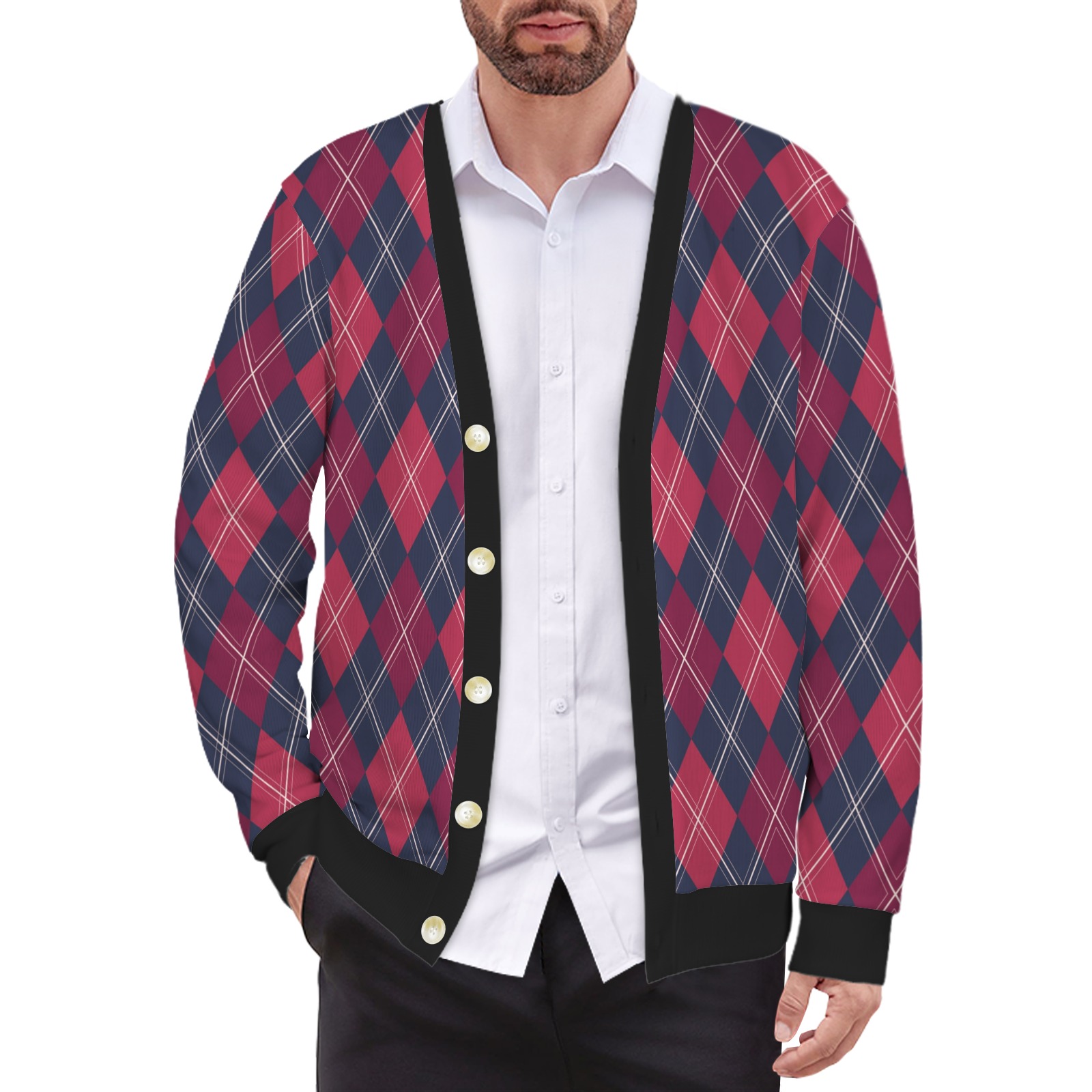 Men's argyle cardigan, featuring a classic diamond pattern in red and navy with black trim and white buttons.