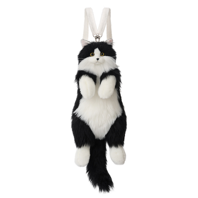 Full-size black and white plush cat backpack with gold-amber eyes