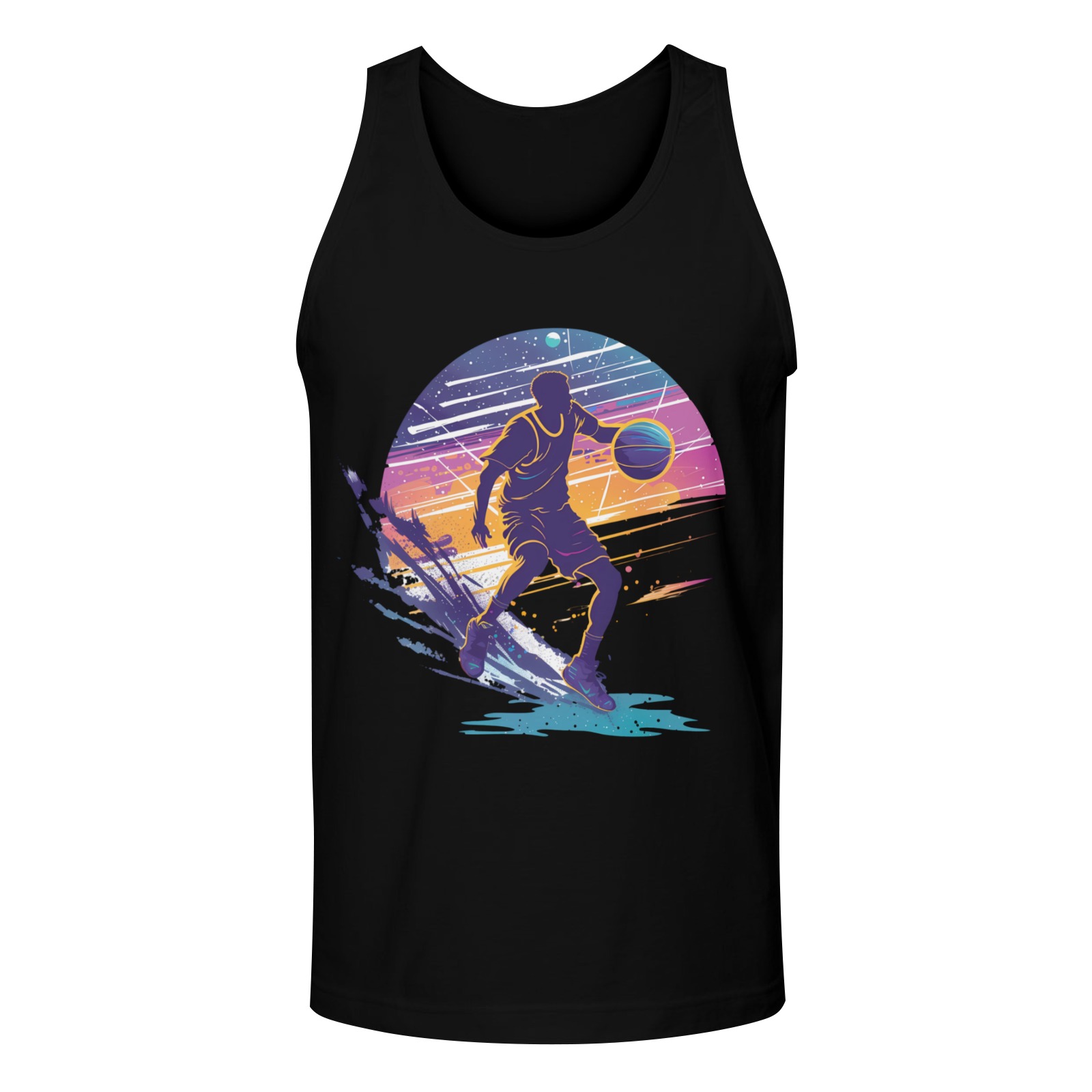 Men's black tank top with front graphic print of a basketball player at sunset, made in USA