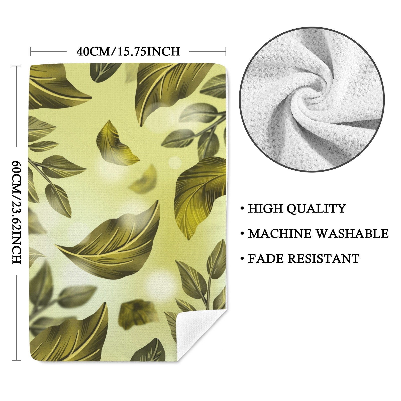 USA-made kitchen hand towel with green leaf design, soft and absorbent, 40x60cm, machine washable, fade resistant.