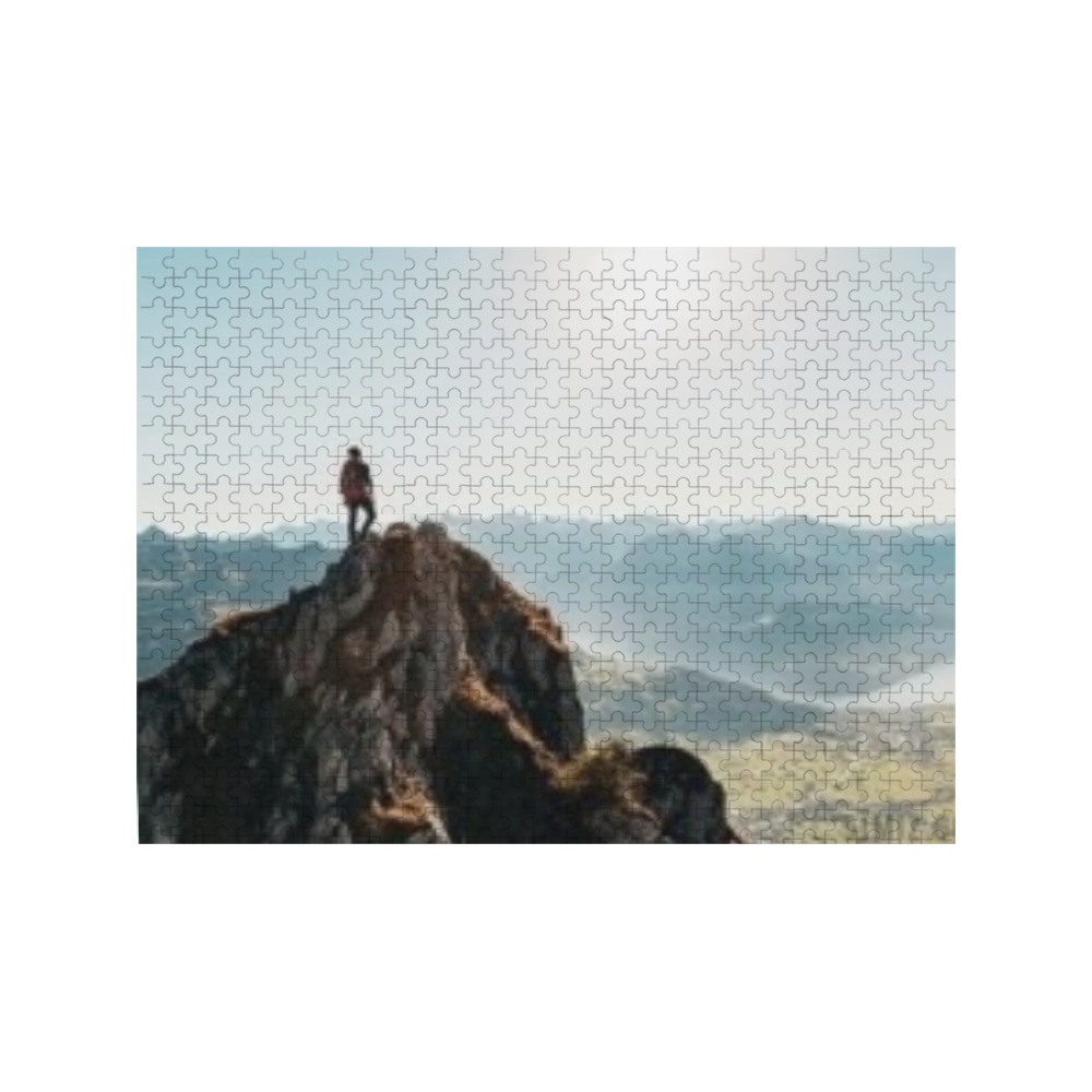 Custom photo puzzle featuring a person on a mountain, 500-piece wooden puzzle.