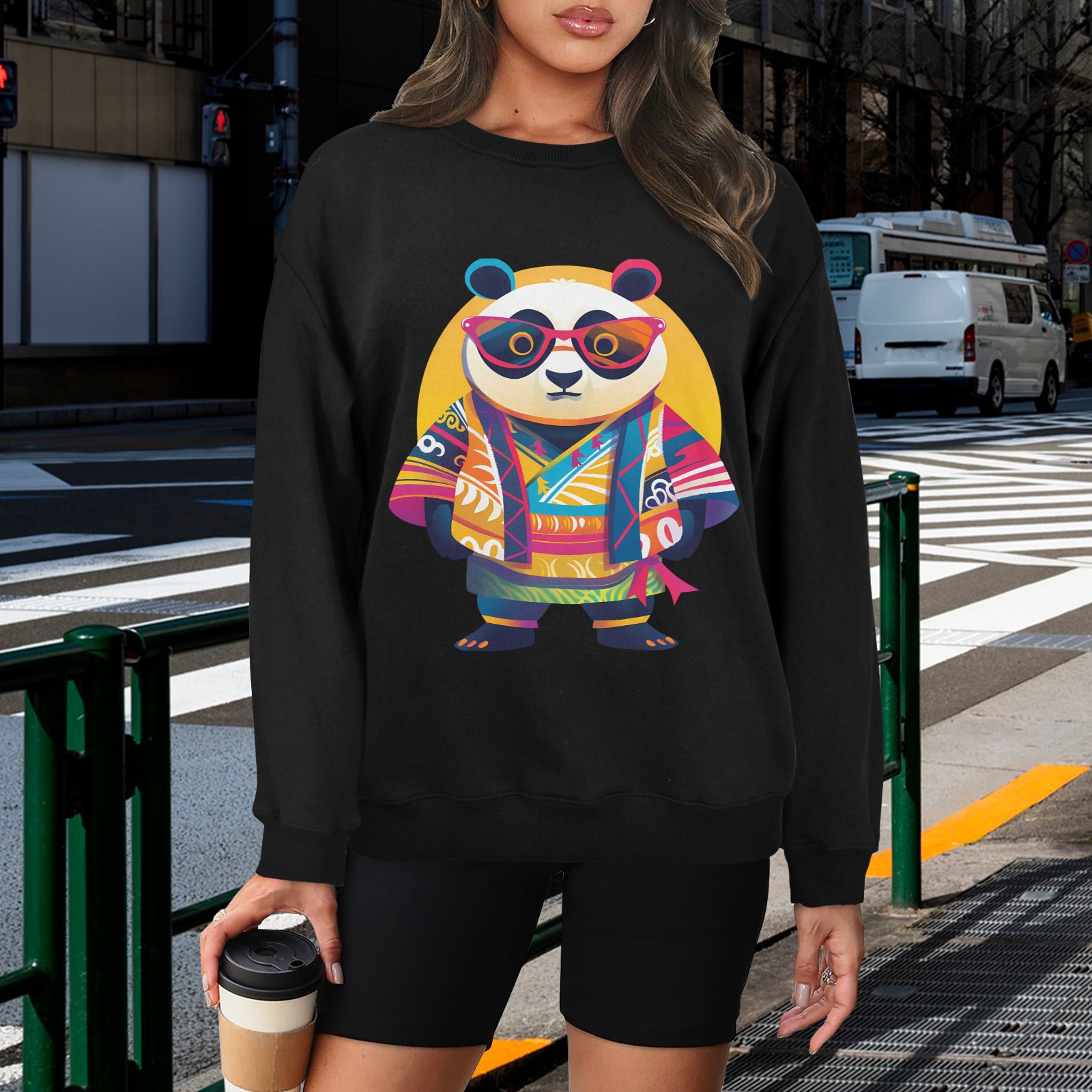 Black Unisex Fleece Sweatshirt with Panda Print, Made in USA, unisex design, long sleeve