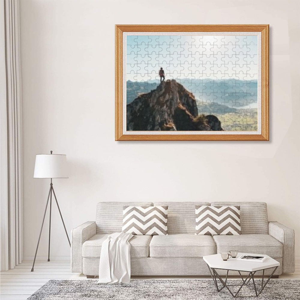 500-Piece Wooden Photo Puzzle with Coastal Scene, framed and displayed in a modern living room