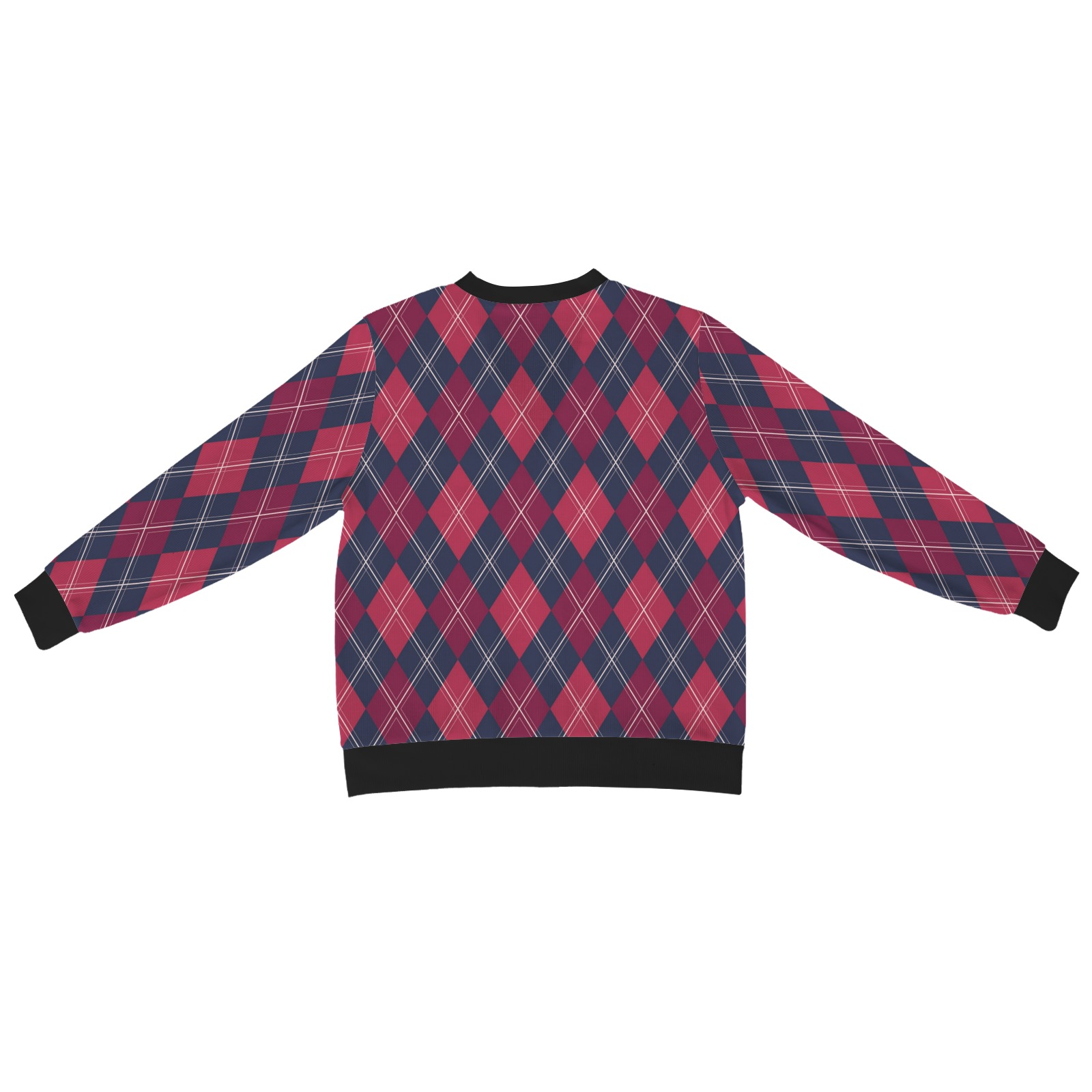 Men's pink and navy argyle cardigan with black trim, stylish sweater