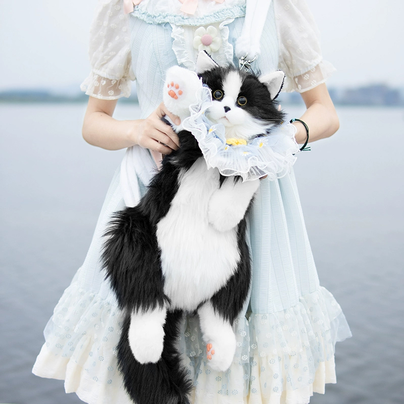 Plush cat backpack carried on a shoulder during a weekend errand
