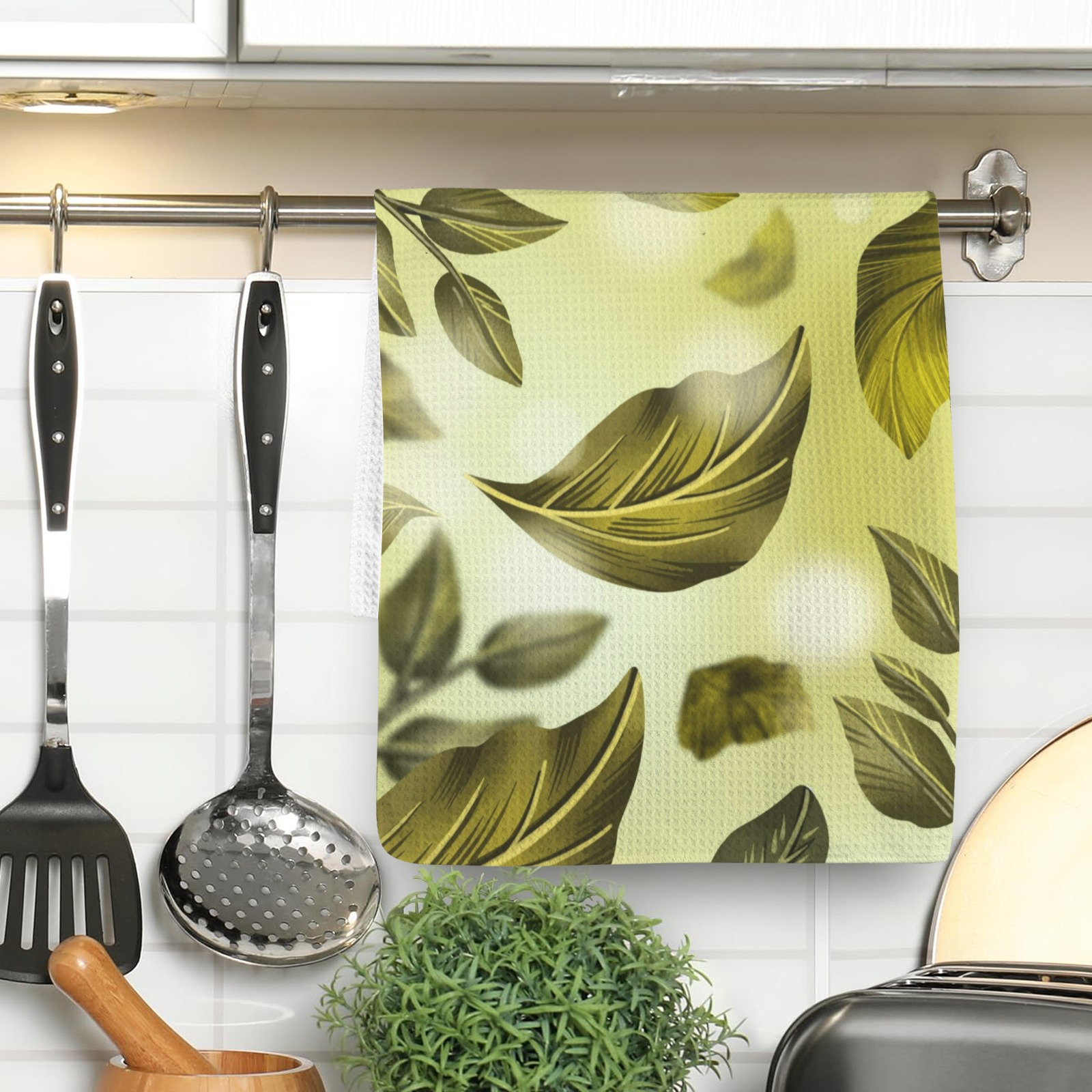 Green leaves kitchen hand towel, made in USA, soft and absorbent, ideal for bathroom, pool, or kitchen use.