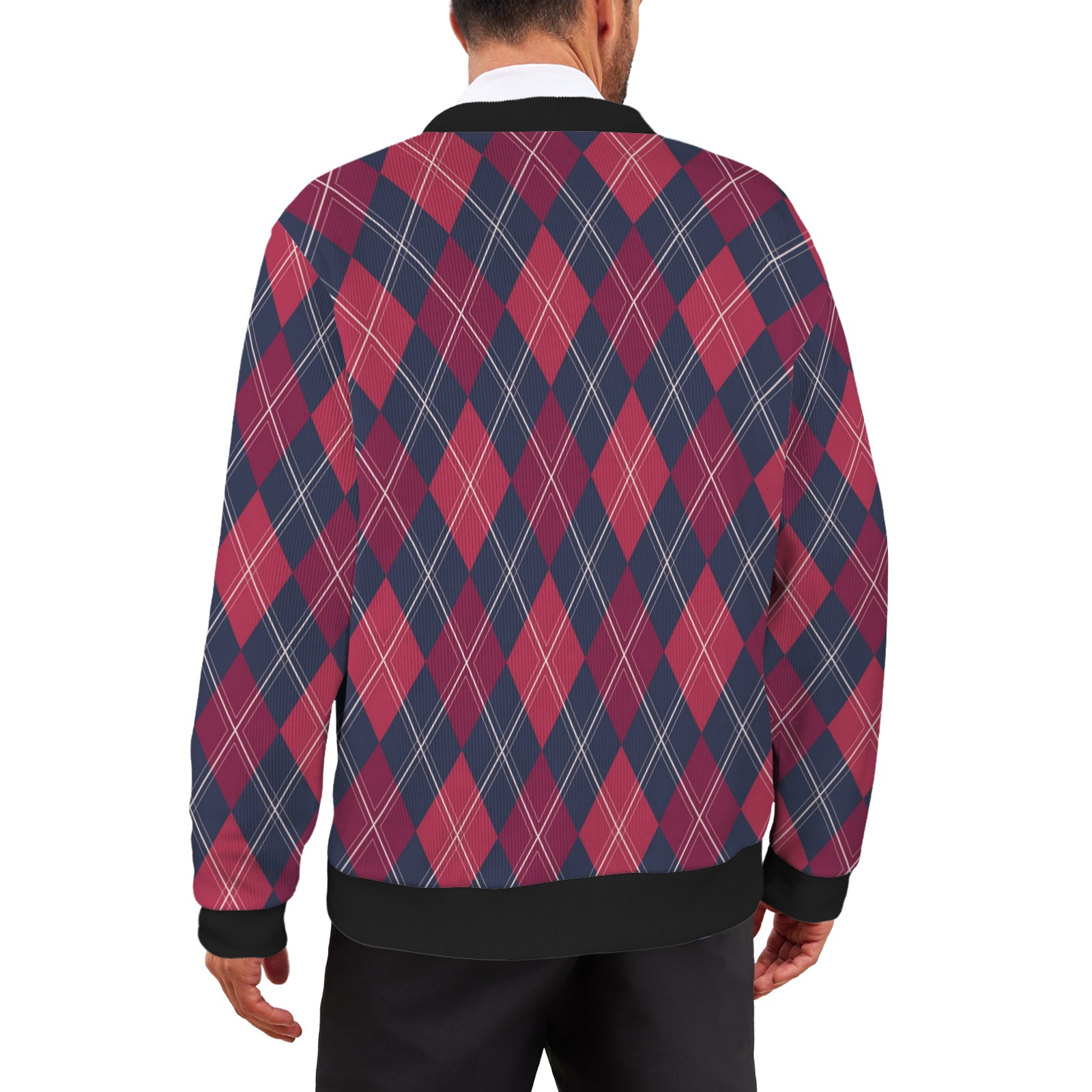 Men's argyle cardigan in vibrant red and navy diamond pattern, with black cuffs and hem, a stylish and comfortable sweater.