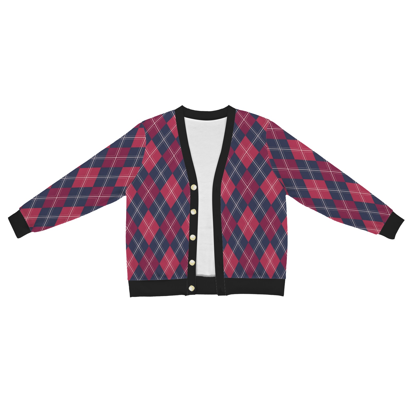 Men's pink and navy argyle cardigan, black trim, and white buttons, stylish sweater.